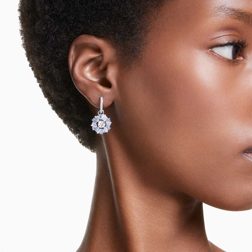 swarovski idyllia drop earrings  mixed cuts  flower  blue  rhodium plated