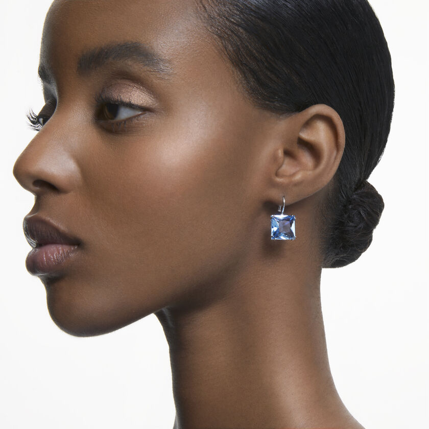Millenia earrings, Square cut crystal, Blue, Rhodium plated