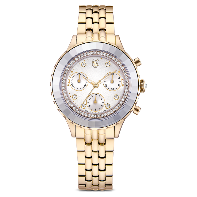 swarovski ساعة octea chrono، صناعة سويسرية، سوار معدني، لون ذهبي، لمسة نهائية بلون ذهبي شامبين