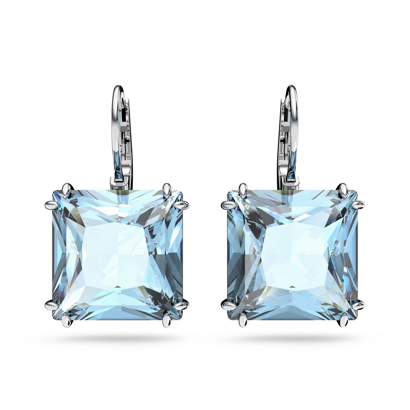 Millenia earrings, Square cut crystal, Blue, Rhodium plated
