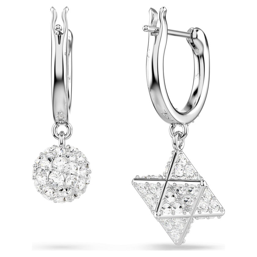 swarovski dextera drop earrings  asymmetrical design  round cut  star and sphere  white  rhodium plated