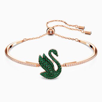 Swarovski Iconic Swan bangle, Swan, Green, Rose gold-tone plated