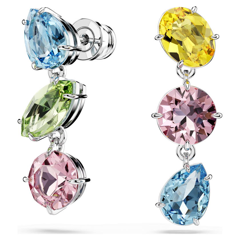 swarovski gema drop earrings  asymmetrical design  mixed cuts  multicolored  rhodium plated